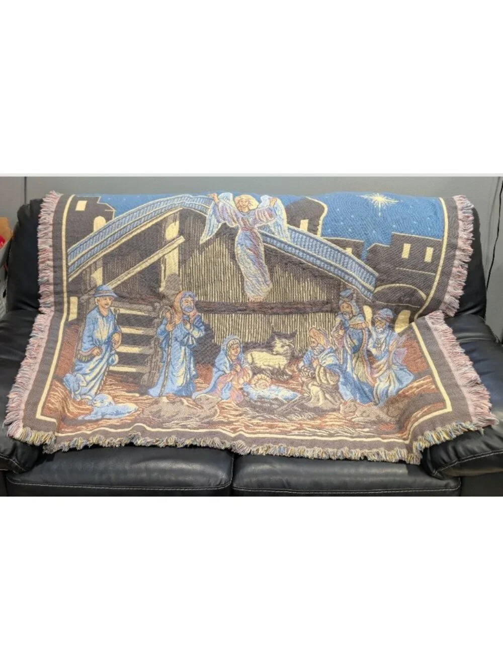 Goodwin Weavers Tapestry Throw Blanket Fringe Trim Nativity 46” X 55” Vintage